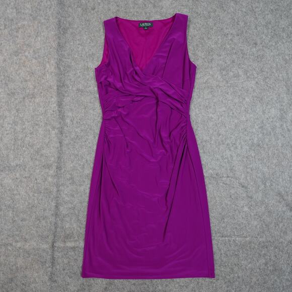 Ralph Lauren Dress Womens 8 Jersey Twist Front Sheath Ruched Midi Pink Stretch - Picture 1 of 9